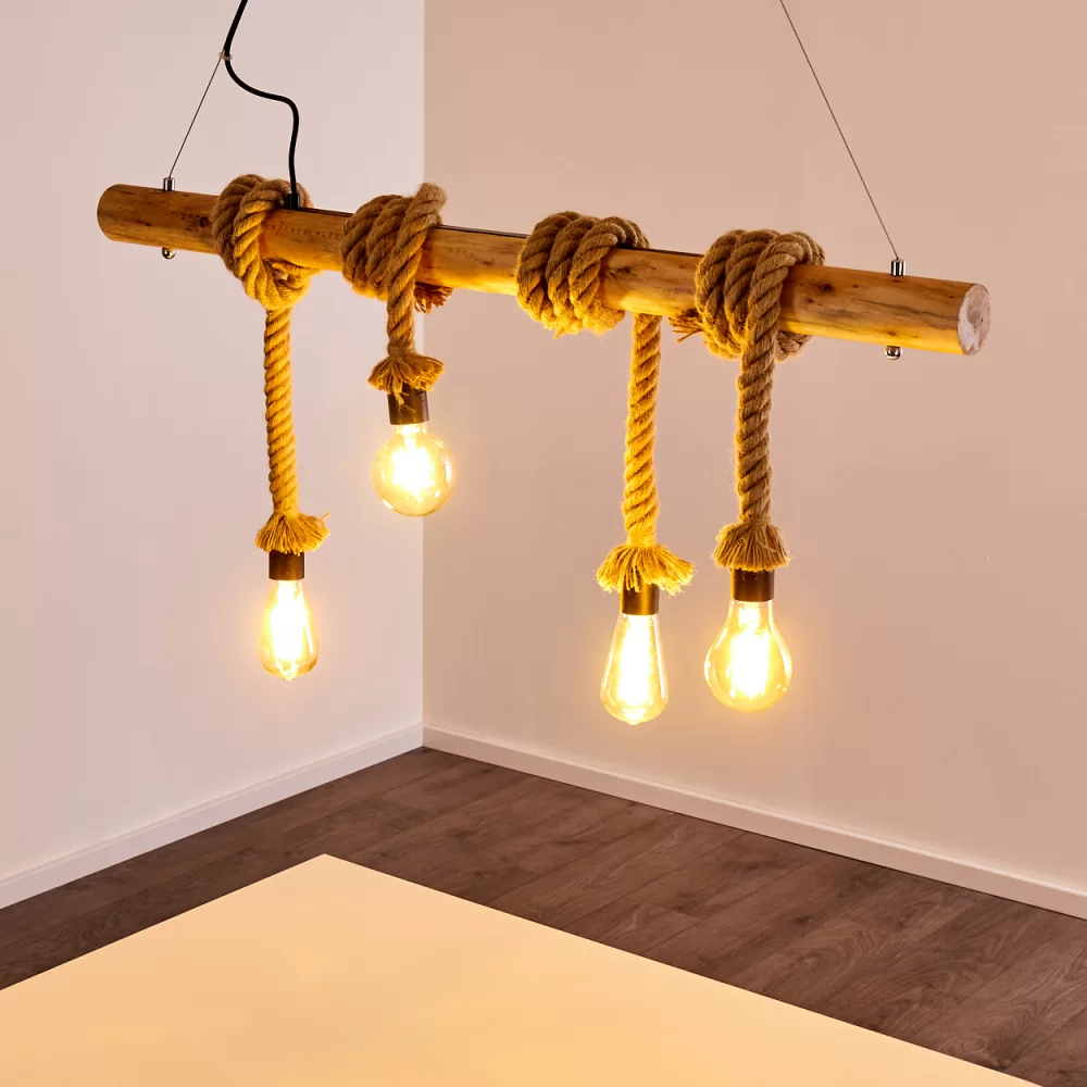 Fienzi - Lustre robuste avec Ladder en bois et corde, 4 Lampes avec détail  de bouton