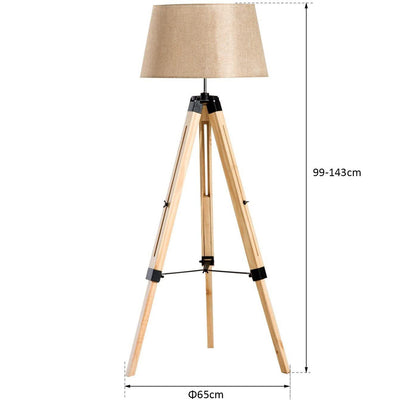 Lampadaire Trepied Industriel <br /> Bois Clair et Abat Jour Taupe