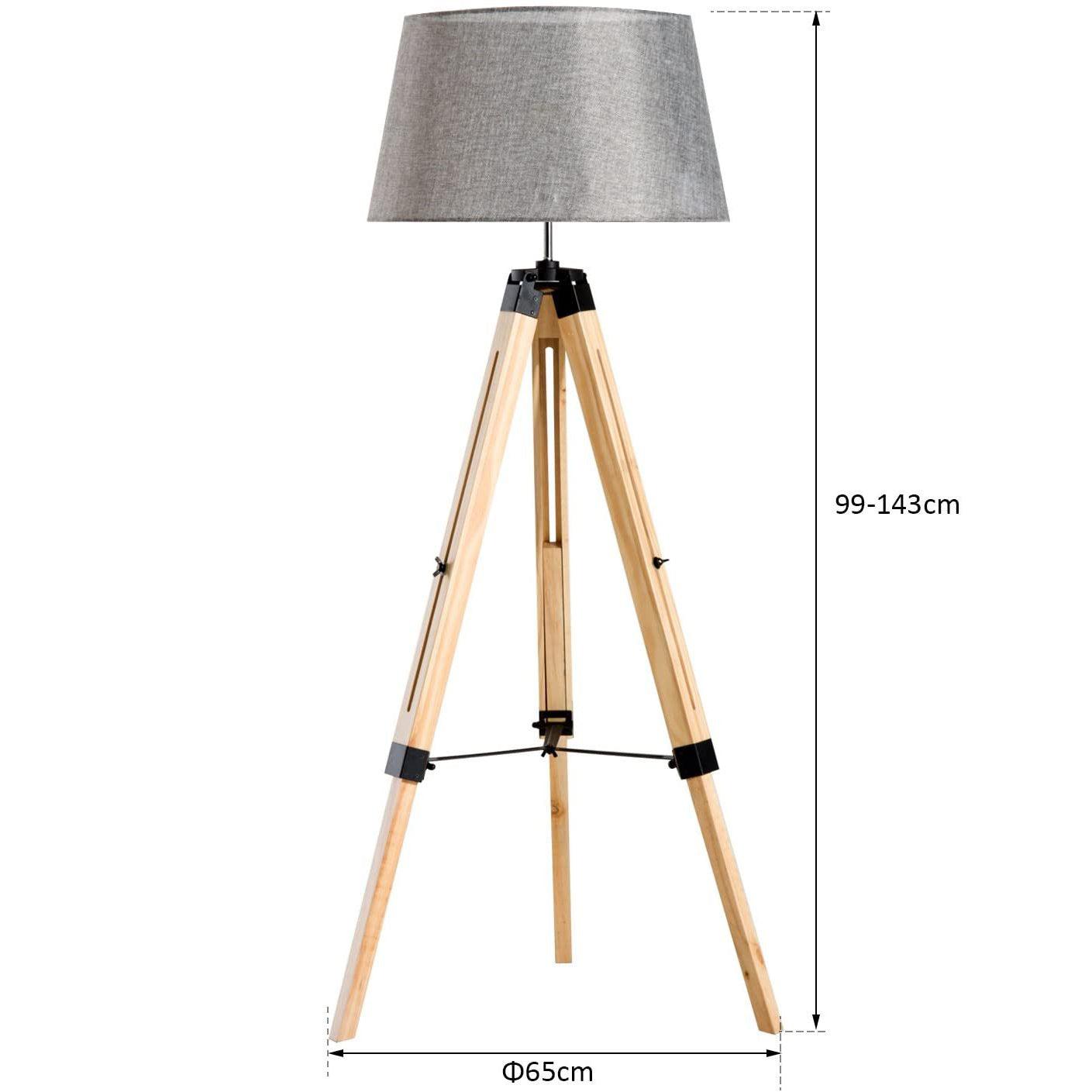 Lampadaire Trepied Industriel <br /> Bois Clair et Abat Jour Gris
