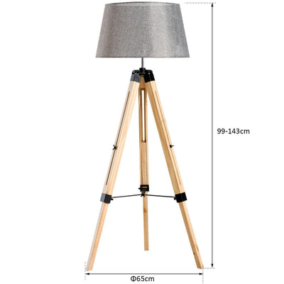 Lampadaire Trepied Industriel <br /> Bois Clair et Abat Jour Gris