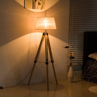 Lampadaire Trepied Industriel <br /> Bois Clair et Abat Jour Gris