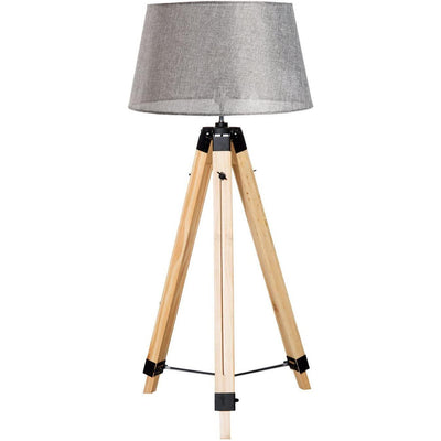 Lampadaire Trepied Industriel <br /> Bois Clair et Abat Jour Gris