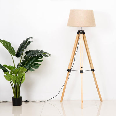 Lampadaire Trepied Industriel <br /> Bois Clair et Abat Jour Taupe