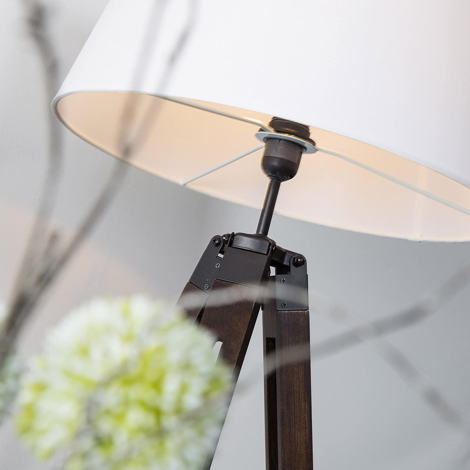 Lampadaire Trepied Industriel Bois Foncé et Abat-Jour Blanc