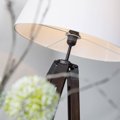 Lampadaire Trepied Industriel Bois Foncé et Abat-Jour Blanc