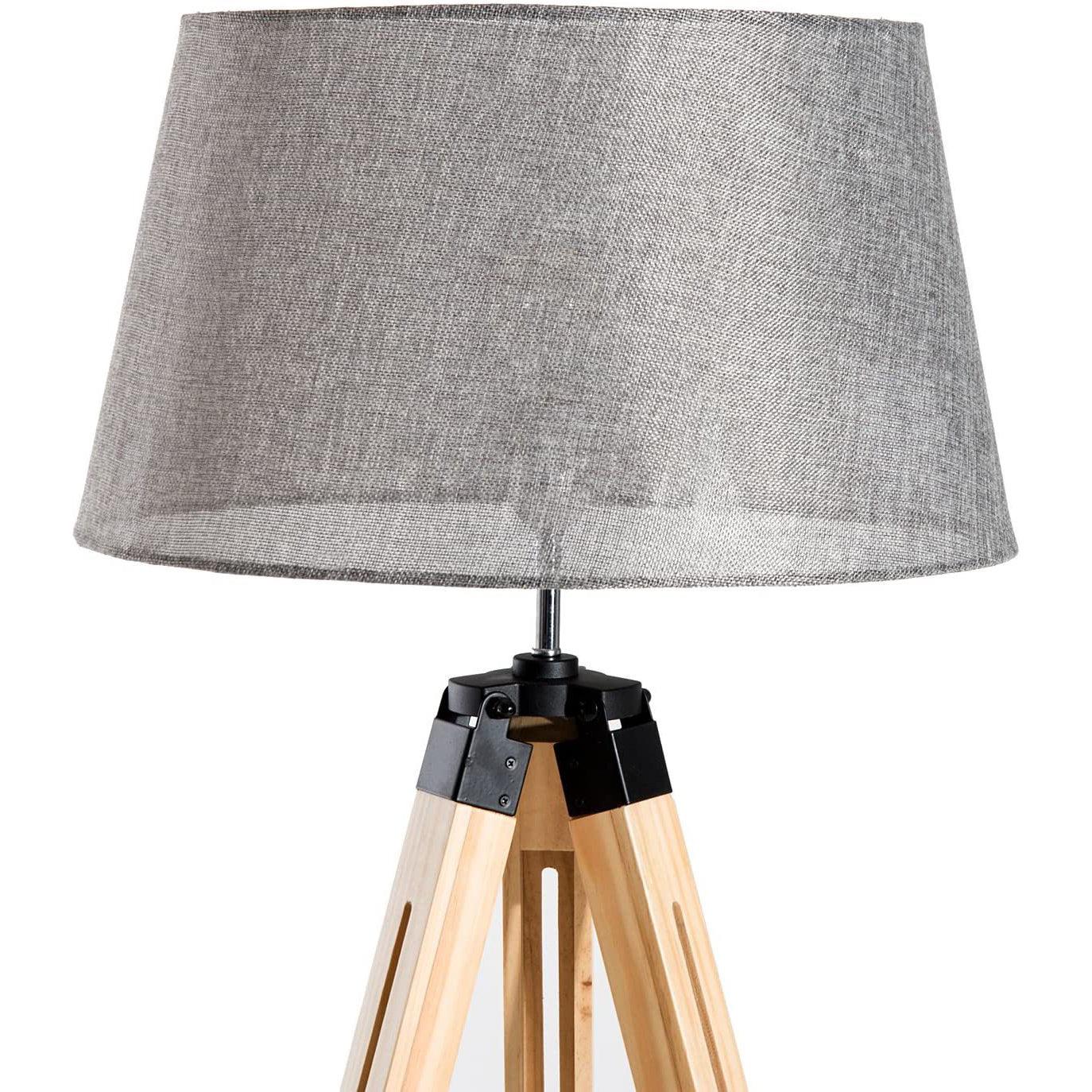 Lampadaire Trepied Industriel <br /> Bois Clair et Abat Jour Gris
