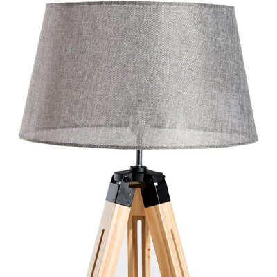 Lampadaire Trepied Industriel <br /> Bois Clair et Abat Jour Gris