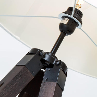 Lampadaire Trepied Industriel Bois Foncé et Abat-Jour Blanc