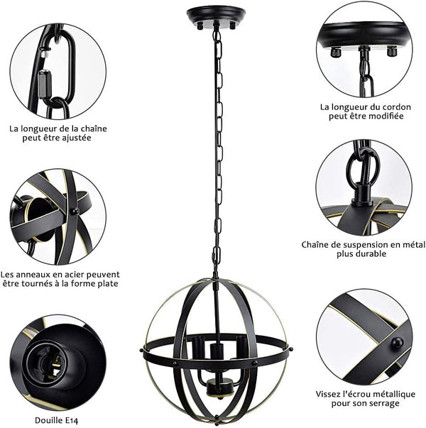 Lustre Industriel Rétro Globe Fer Noir 6 Lumières