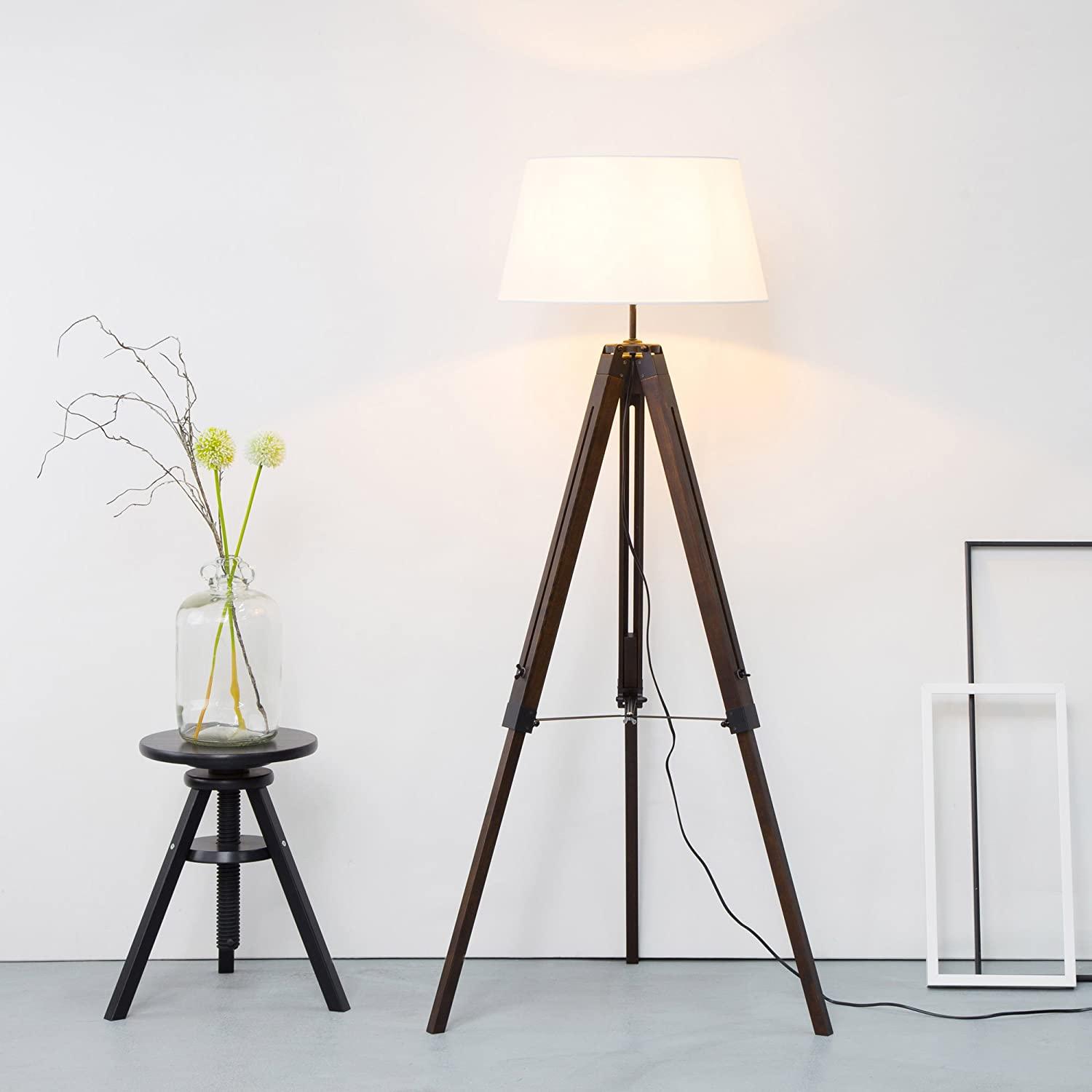 Lampadaire Trepied Industriel Bois Foncé et Abat-Jour Blanc | Mon Luminaire Industriel
